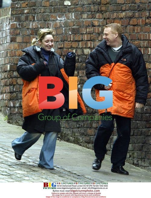 Actors Lucy Jo Hudson and Thomas Craig on Manchester set