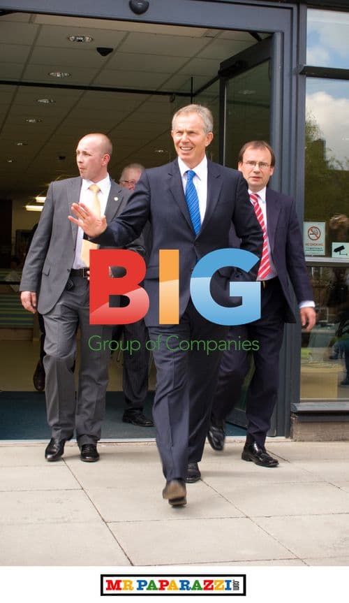 Tony Blair Exiting Building in Harrow