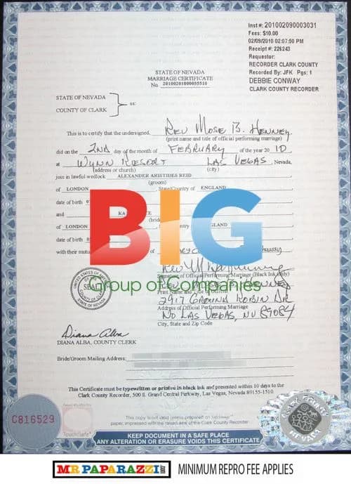 Katie Price and Alex Reid's Marriage Certificate