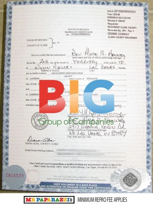 Katie Price and Alex Reid's Marriage Certificate