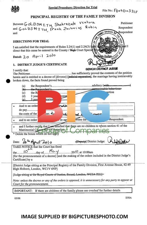 Zac Goldsmith Divorce Papers