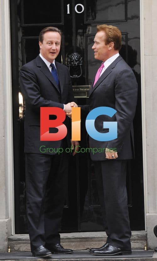 Cameron Greets Schwarzenegger at Downing Street