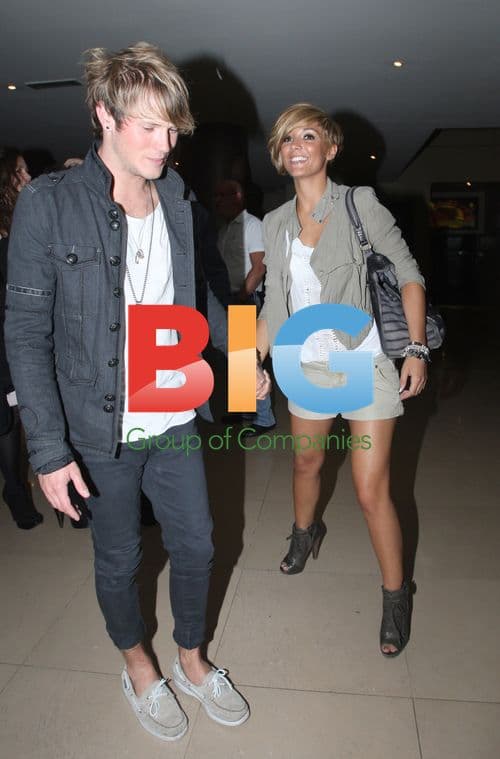 Frankie Sandford and Dougie Poynter leaving Mayfair Hotel