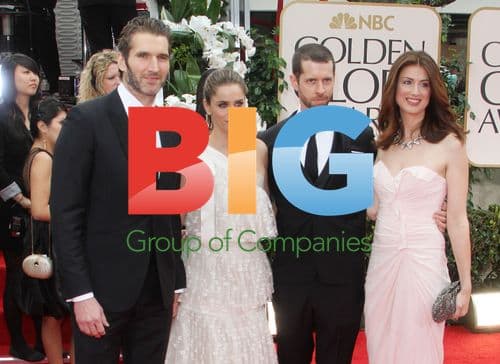 Amanda Peet, David Benioff, and D.B. Weiss at Golden Globes