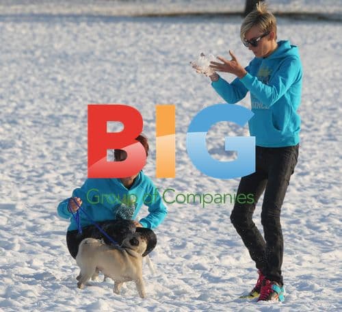 Amy Childs and Harry Derbidge play in snow with pug