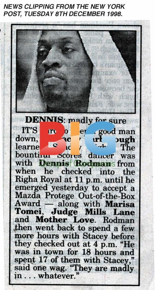 DENNIS RODMAN NEWSPAPER CLIPPING, 8/12/98