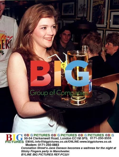 Jane Danson as waitress at Sticky Fingers party