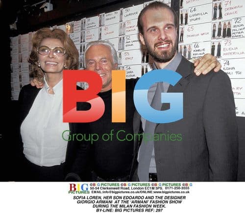 Sofia Loren, son Edoardo, and Giorgio Armani at Milan Fashion Week