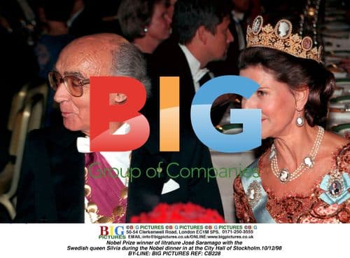 Nobel winner Saramago with Queen Silvia at Stockholm City Hall