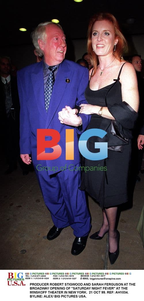 Robert Stigwood and Sarah Ferguson at Broadway opening of Saturday Night Fever