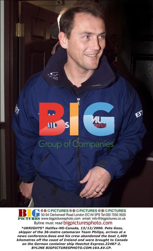 Pete Goss arrives at news conference after abandoned boat