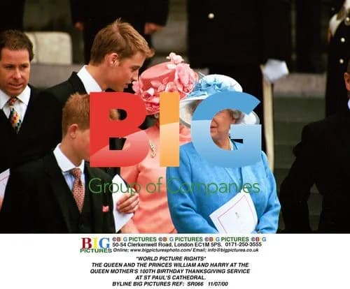 Queen and Princes William and Harry at Queen Mother's 100th Bday
