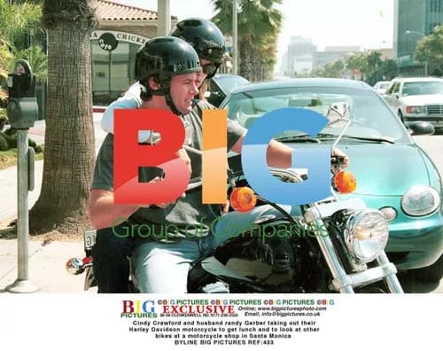 Cindy Crawford and Randy Gerber on motorcycle in Santa Monica