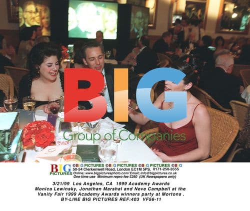 Monica Lewinsky, Jonathan Marshal and Neve Campbell at 1999 Oscars Party