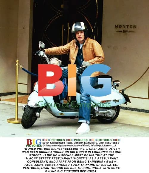 Celebrity Chef Jamie Oliver on Moped in London