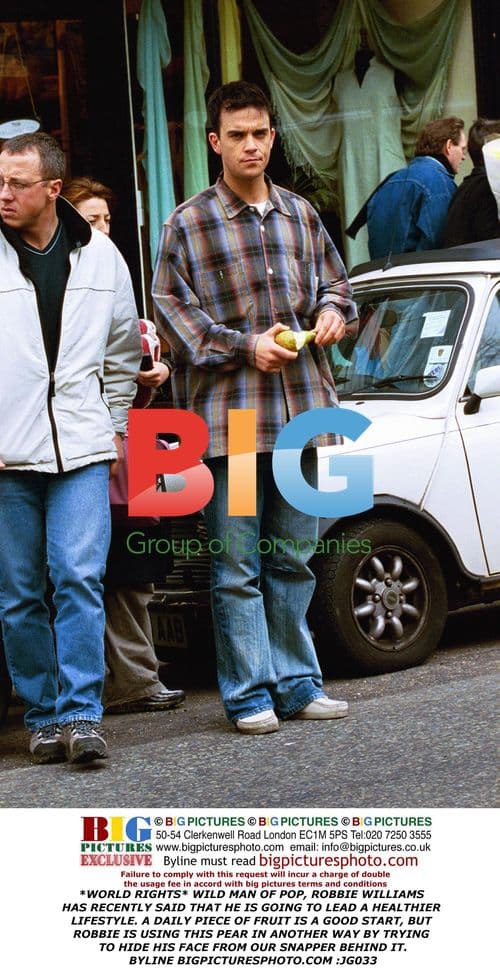 Robbie Williams Hides Behind Pear