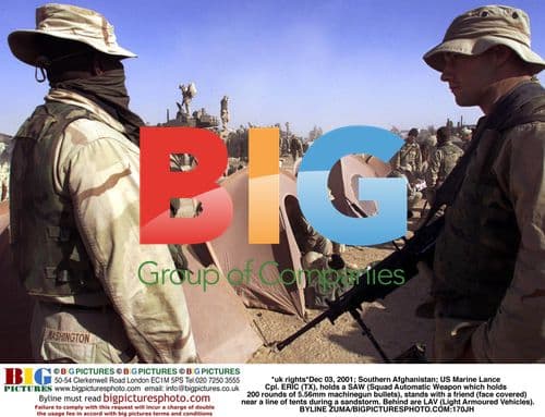 US Marine Holds Automatic Weapon During Sandstorm