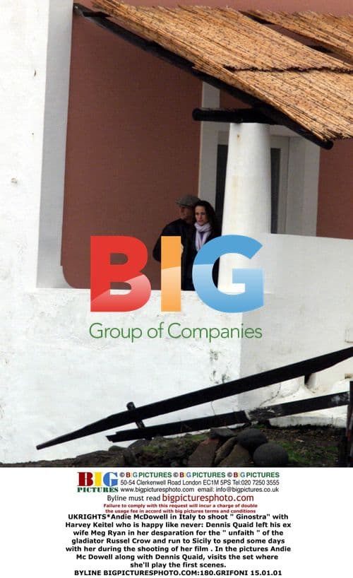 Andie McDowell and Dennis Quaid on film set in Italy