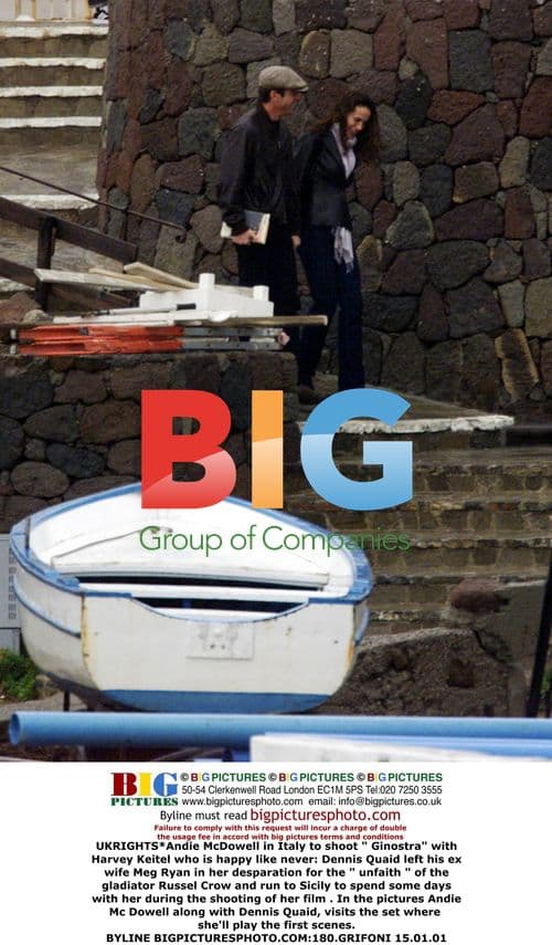 Andie McDowell and Dennis Quaid on film set in Italy