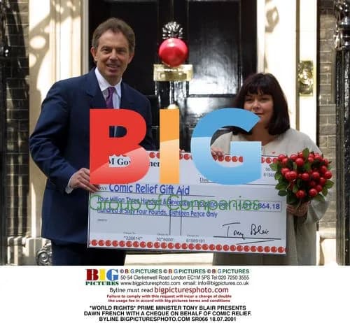 Tony Blair Presents Dawn French with Comic Relief Cheque