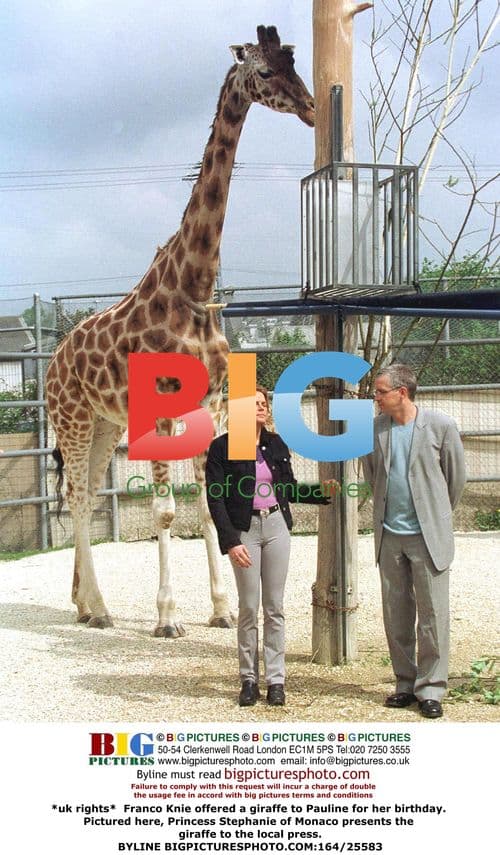 Princess Stephanie presents giraffe birthday gift