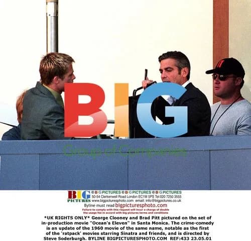 George Clooney and Brad Pitt on "Ocean's Eleven" set