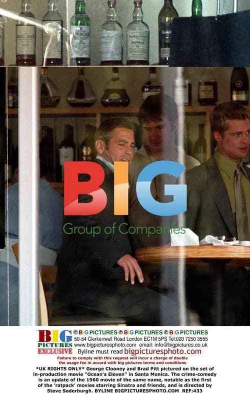 George Clooney and Brad Pitt on "Ocean's Eleven" set