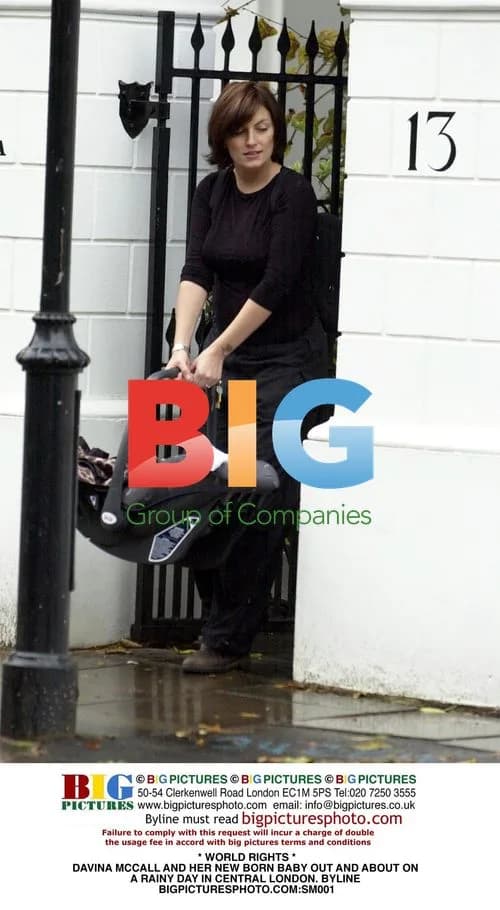 Davina McCall out with newborn in London rain