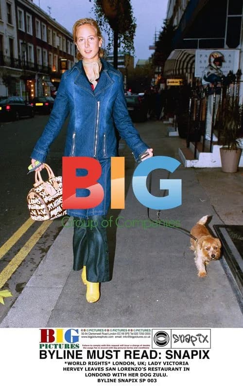 Lady Victoria Hervey leaves restaurant with dog