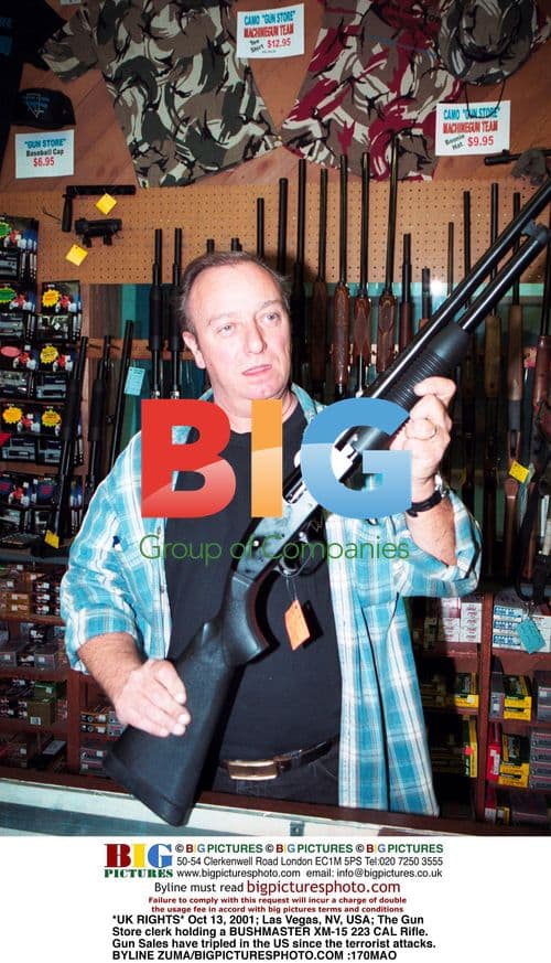Clerk Holding BUSHMASTER Rifle at Gun Store