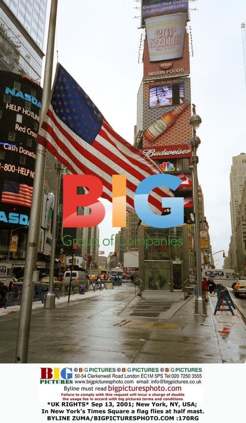 Flag at half-mast in Times Square after 9/11 attack