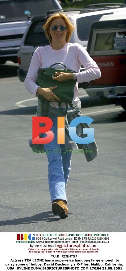 Tea Leoni with oversized handbag in Malibu