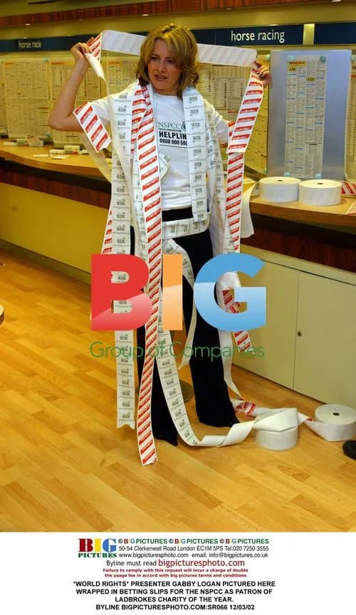 Gabby Logan Wrapped in Betting Slips for NSPCC