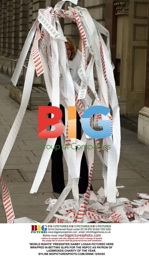 Gabby Logan Wrapped in Betting Slips for NSPCC