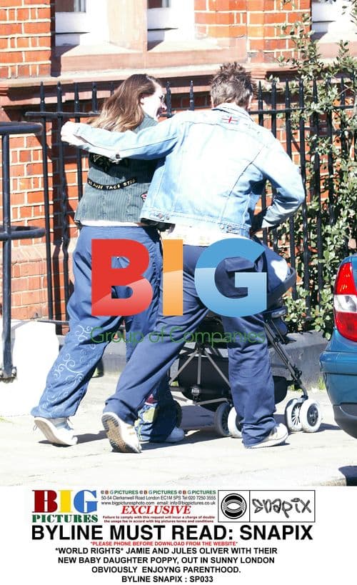 Jamie and Jules Oliver with Baby Poppy in London