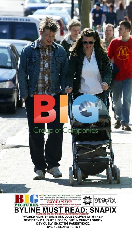 Jamie and Jules Oliver with baby Poppy in London