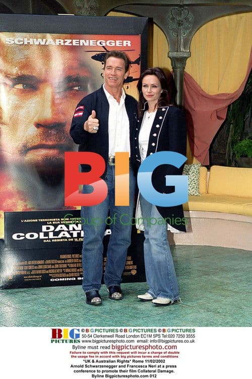 Arnold Schwarzenegger and Francesca Neri at Collateral Damage press conference