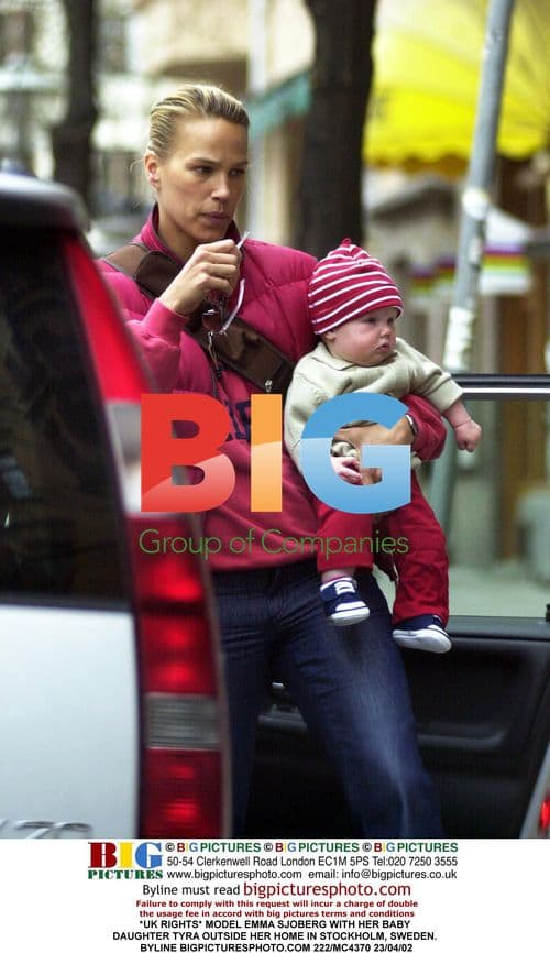 Model Emma Sjoberg with her daughter in Stockholm