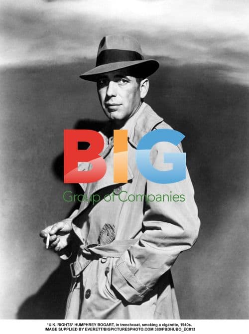 Humphrey Bogart in trenchcoat, smoking