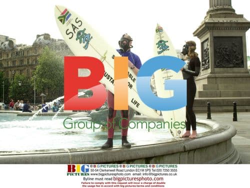 Surfers demonstrate against water pollution in Trafalgar Square