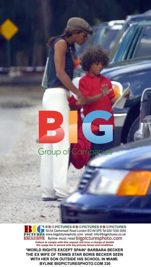 Barbara Becker and son outside school in Miami