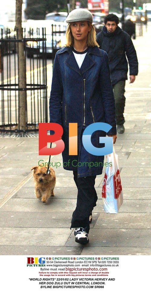 Lady Victoria Hervey and her dog Zulu in London