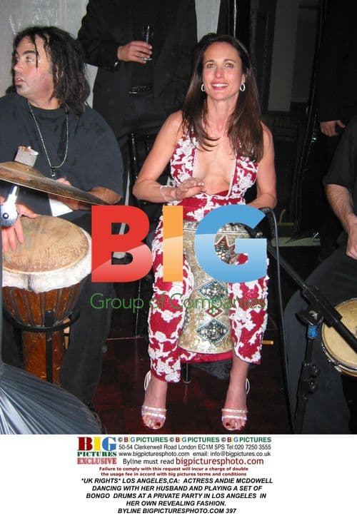 Andie MacDowell plays bongos at LA party