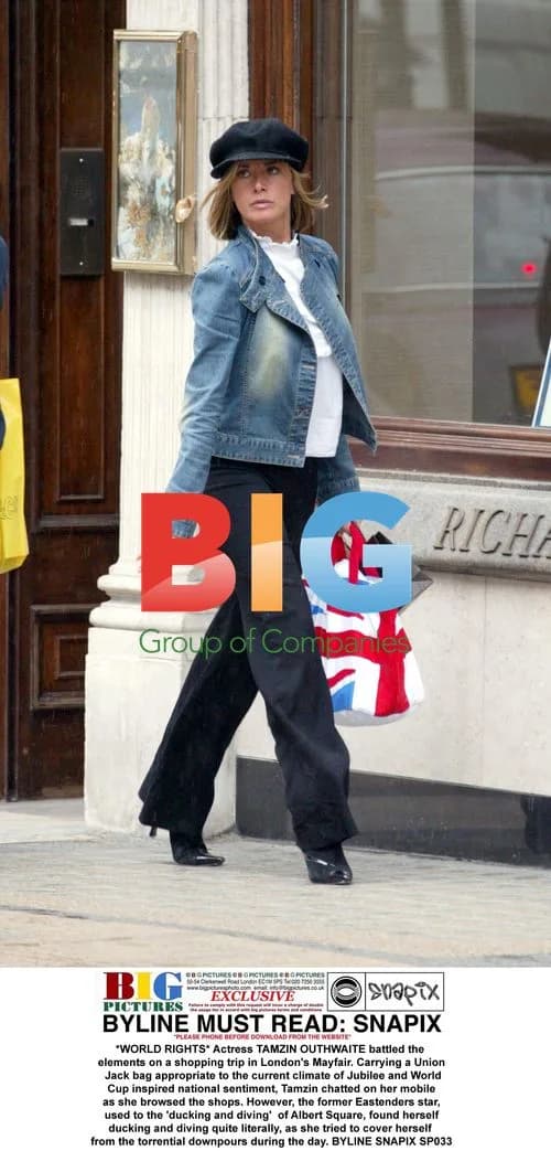 Tamzin Outhwaite Battles Elements on London Shopping Trip