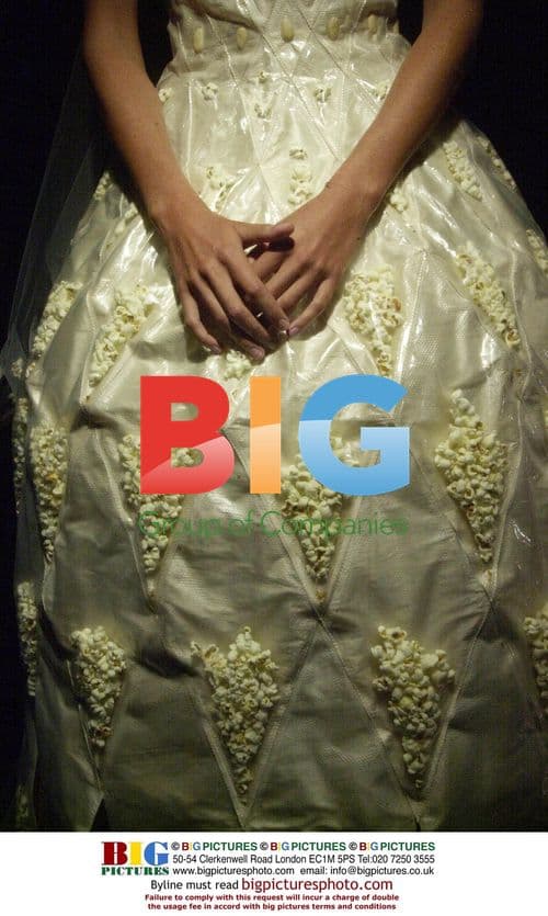 Designer showcases food-filled linen dresses