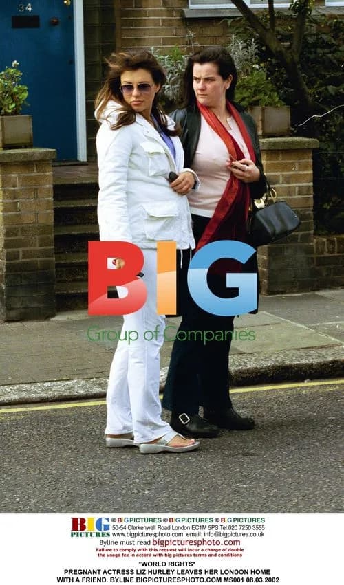 Pregnant Liz Hurley Leaves London Home with Friend