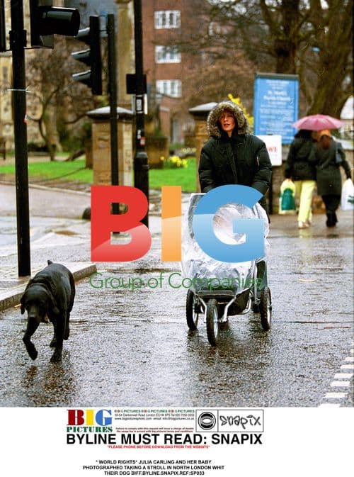 Julia Carling and baby stroll with dog Biff in North London