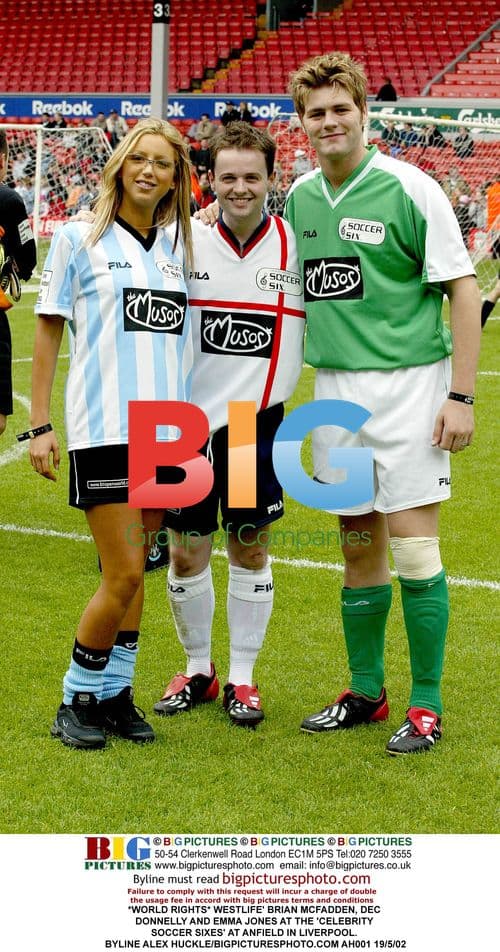 WESTLIFE's Brian McFadden, Dec Donnelly and Emma Jones at Soccer Sixes