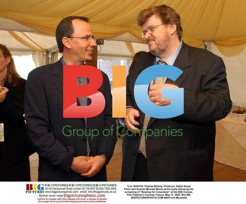 Charles Bishop and Michael Moore at "Bowling for Columbine" party