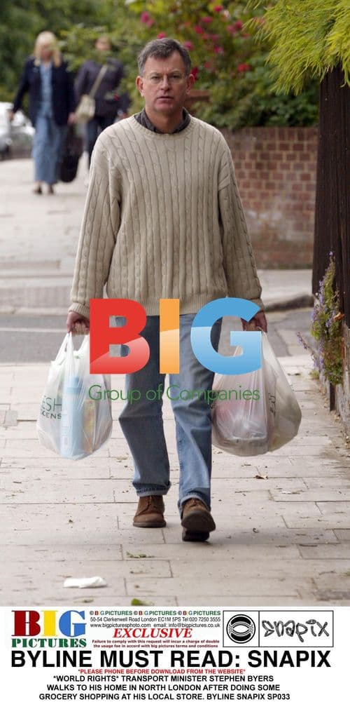 Transport Minister Stephen Byers Walks Home After Grocery Shopping